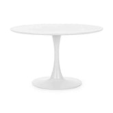 Fehér színű, kerek formájú, 6 személyes étkezőasztal.