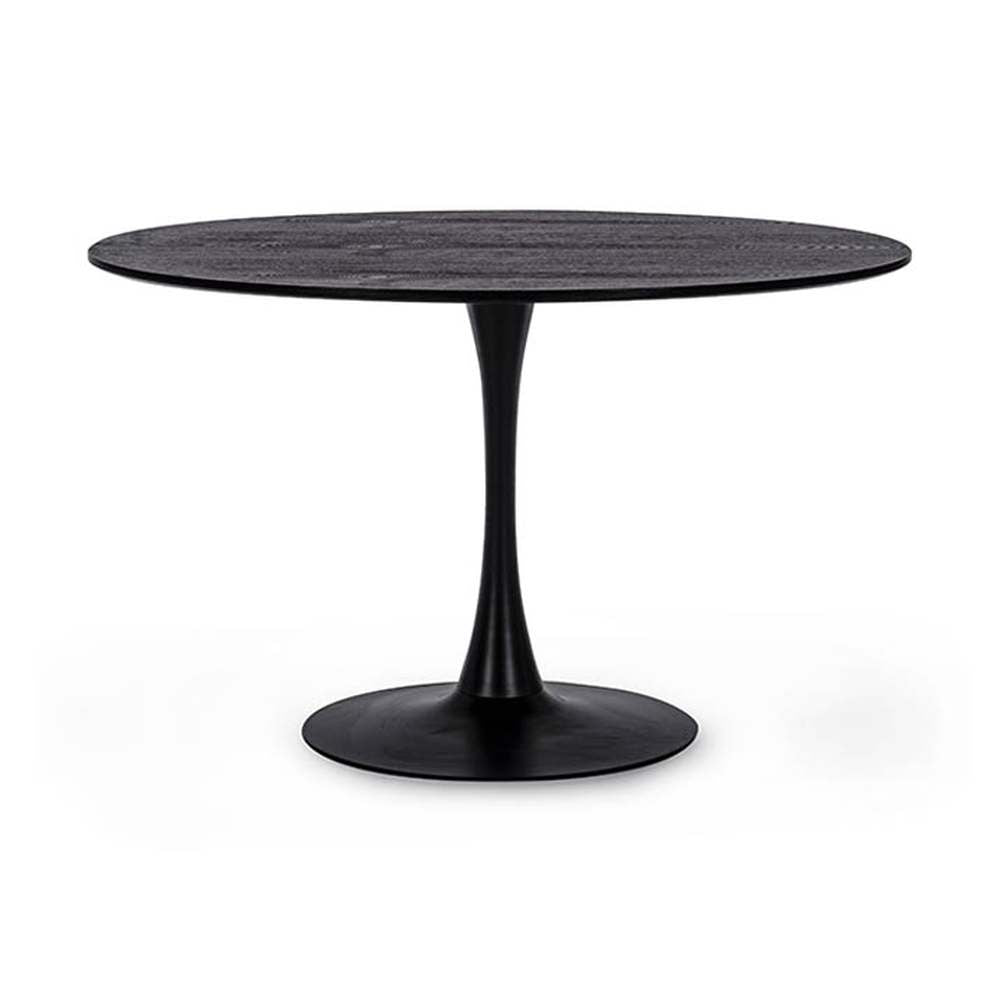 Fekete színű, kerek formájú, 6 személyes étkezőasztal.