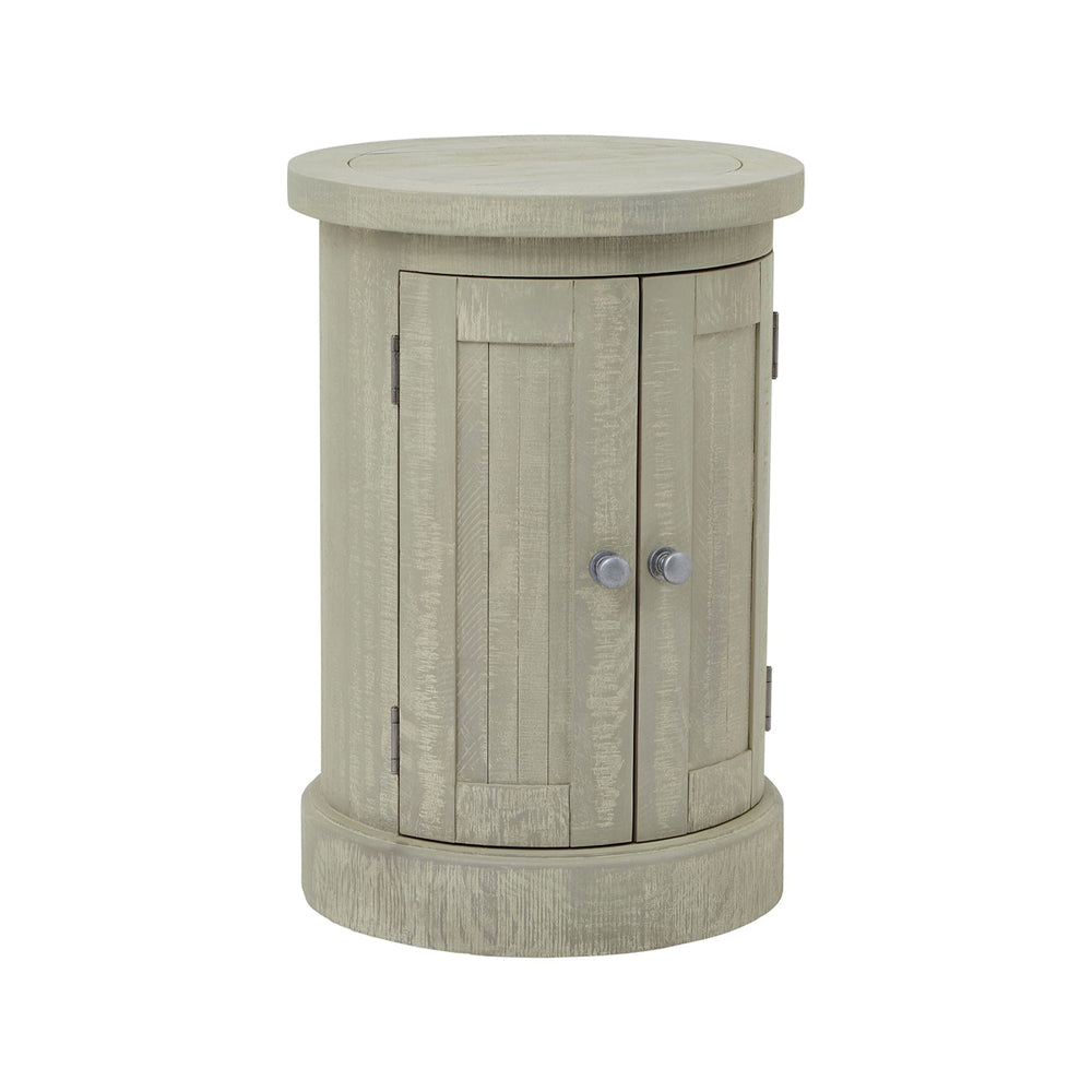 Tömör fenyőfából készült, mosott szürke színű, pácolt kisszekrény.