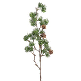 LARIX zöld mű vörösfenyő ág 62 cm, elágazó forma 3D-s tűlevelekkel és mesterséges tobozokkal.