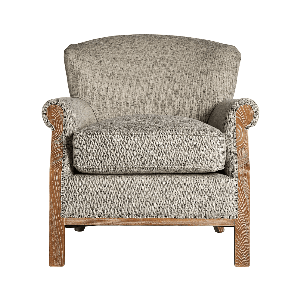 Elölnézet: Laronxe szürke kőrisfa fotel vastag ülőpárnával, elegáns gyarmati stílusban.