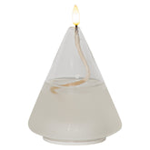 Áttetsző kúp formájú, üvegből készült, textilkanócos LED olajlámpa.