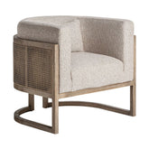 Art deco ihletésű, natúr színű kőrisfából készült, rattan betétekkel kialakított, bézs színű szövettel kárpitozott, formatervezett kortárs fotel.