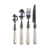 Négydarabos, antik pezsgő színű, akril nyéllel rendelkező, vintage stílusú evőeszközkészlet.