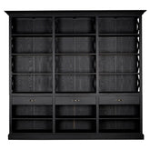 Nyírfából készült, matt fekete színű, háromosztatú, óriás méretű, kortárs fiókos könyvespolc.