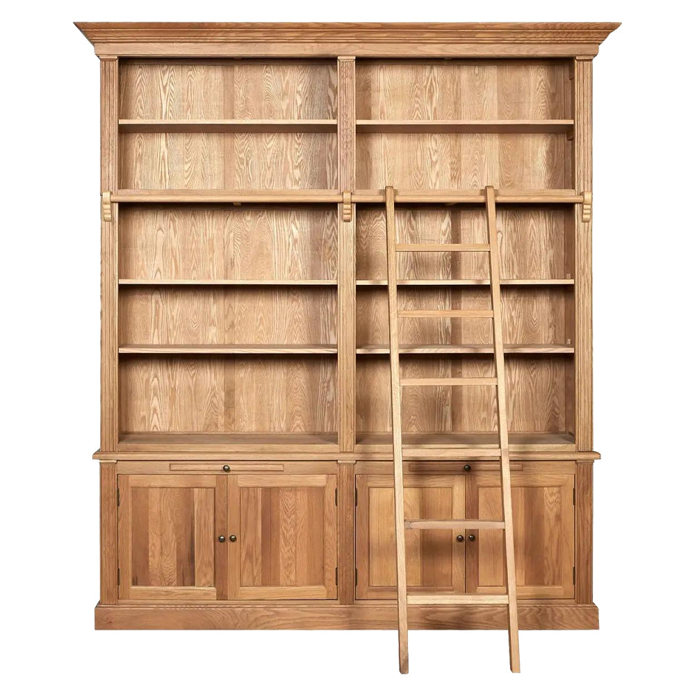 Amerikai tölgyfából készült, létrával kialakított, kétosztatú nagy könyvszekrény.