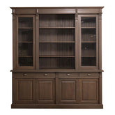 Klasszikus MAISON könyvszekrény fenyőfából, sötétbarna kivitelben, üveges felső résszel és oszlopdíszítéssel.