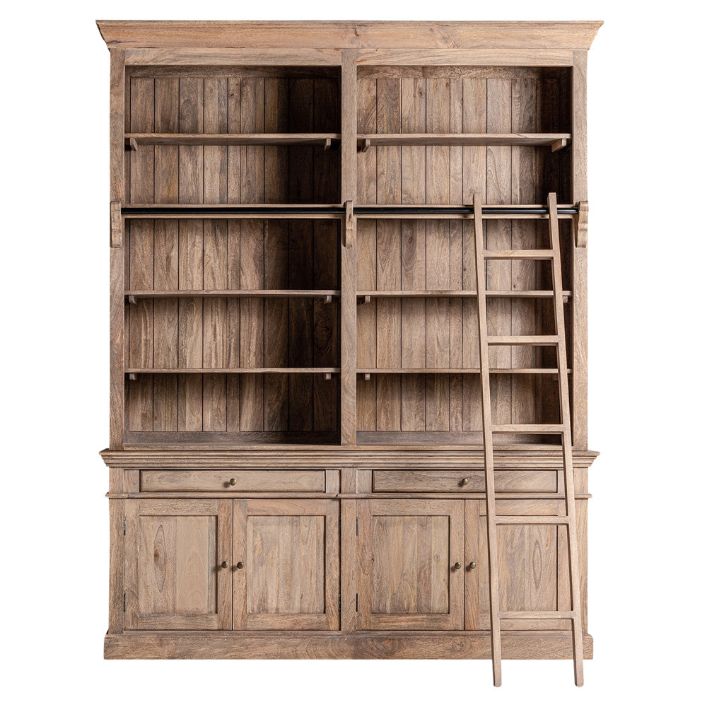 Koloniál stílusú,, létrával ellátott, tömör mangófából készült, óriás méretű kézműves könyvszekrény.