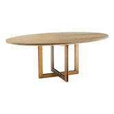 Natúrszínű tölgyfurnérból és sárgaréz felületű rozsdamentes acélból készült, ovális formájú design étkezőasztal.