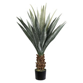 Zöld színű levelű, agave műnövény, fekete műanyagkaspóban.