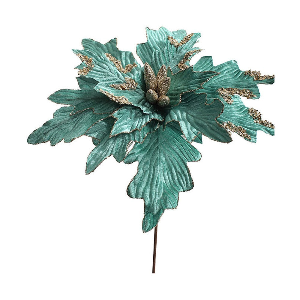 türkizszínű bársonyból készült dekoratív mű mikulásvirág