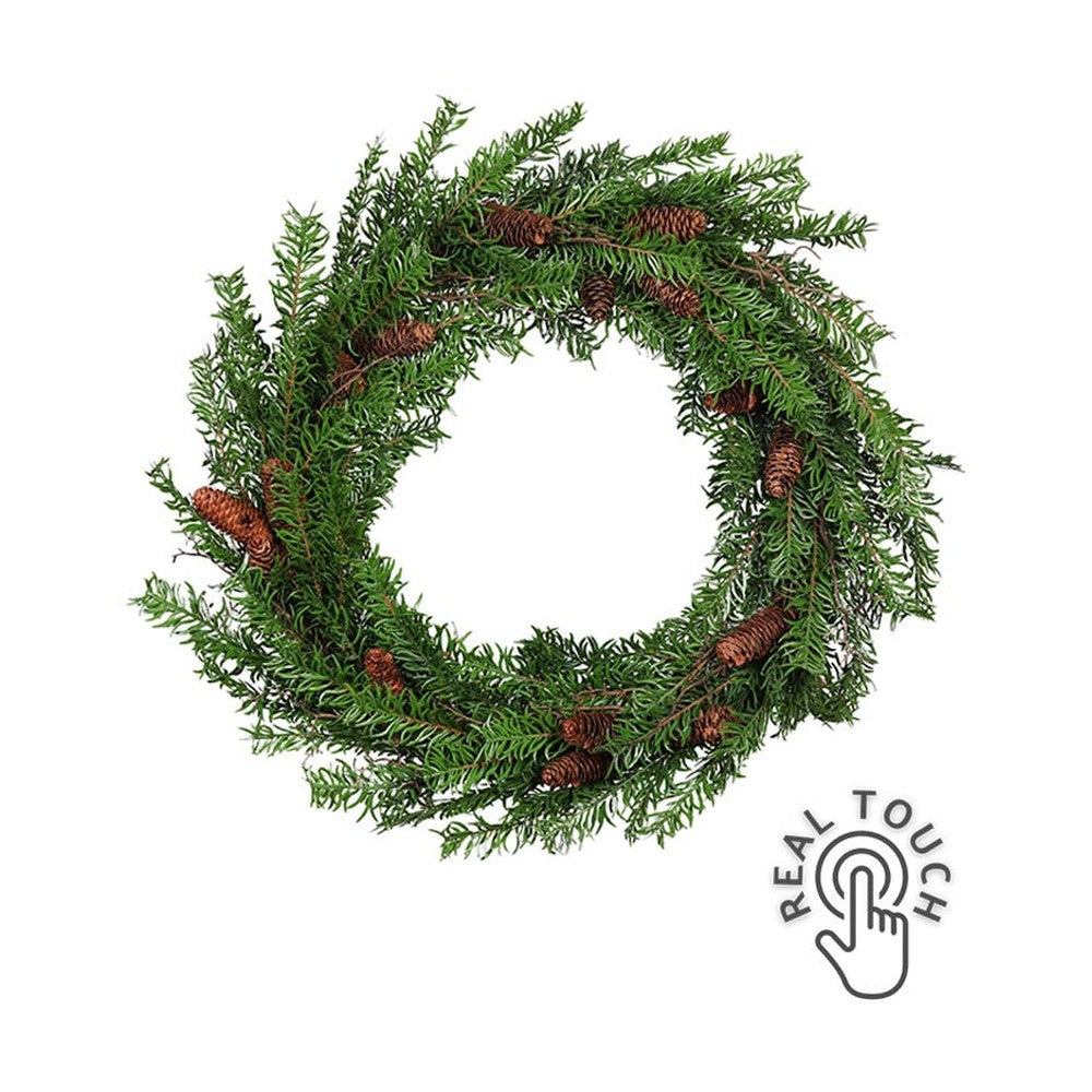 Mesterséges nobilis fenyőágakból készült, tobozokkal díszített ajtódísz koszorú.