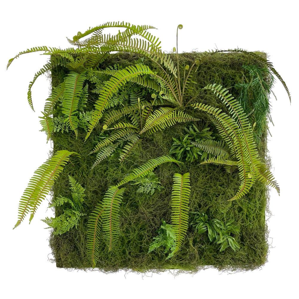 Mű páfrányokból és mesterséges mohából készült, növényfal panel.