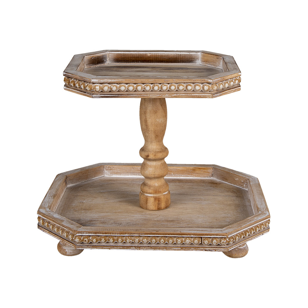 Old French natúr fa süteményes kínáló 2 szintes kivitelben, vintage stílusban.