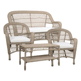 OLD FRENCH natúr műrattan kerti ülőgarnitúra fehér háttéren, kanapéval, két fotellel és asztallal