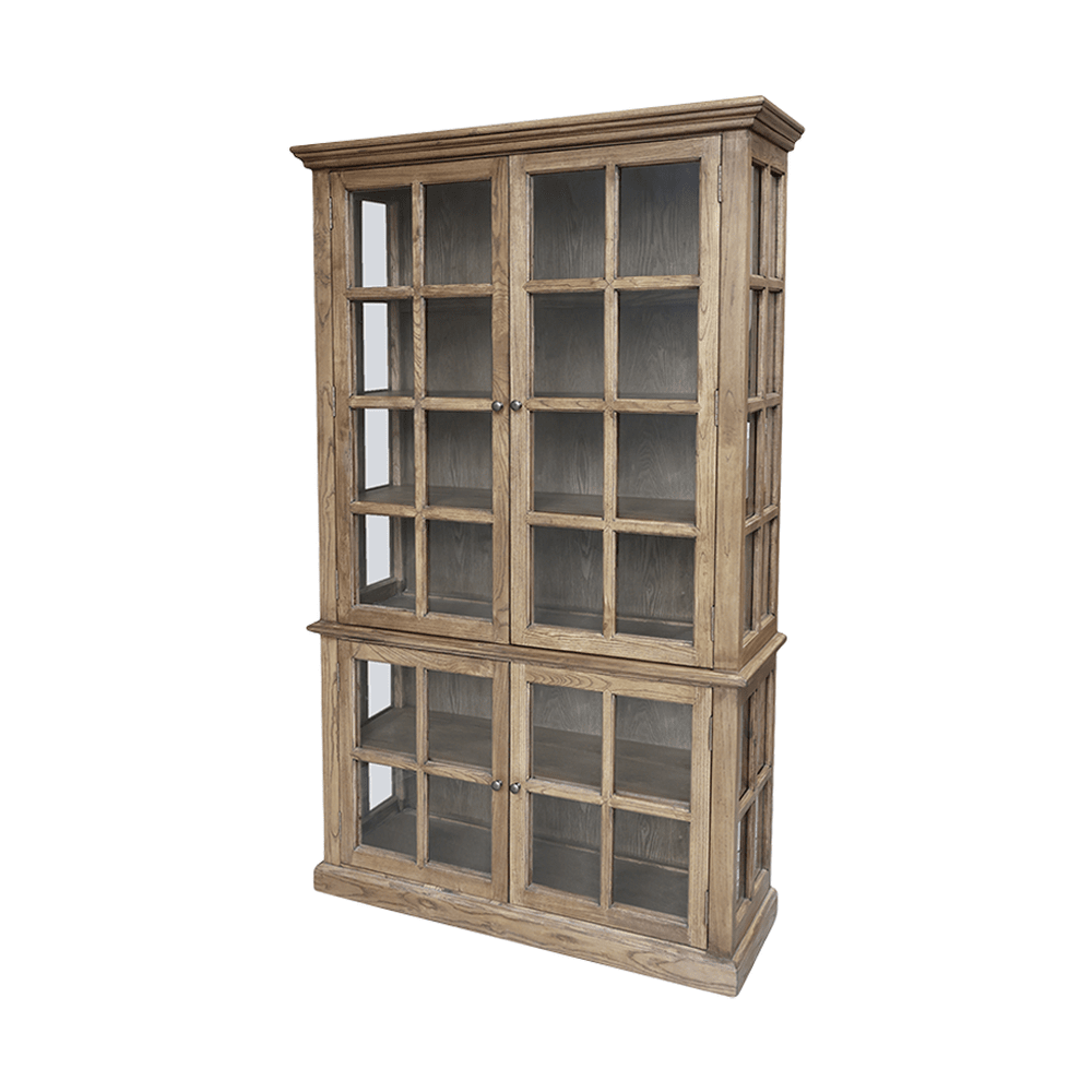 Natúr színű, 8 ajtós vitrines szekrény.