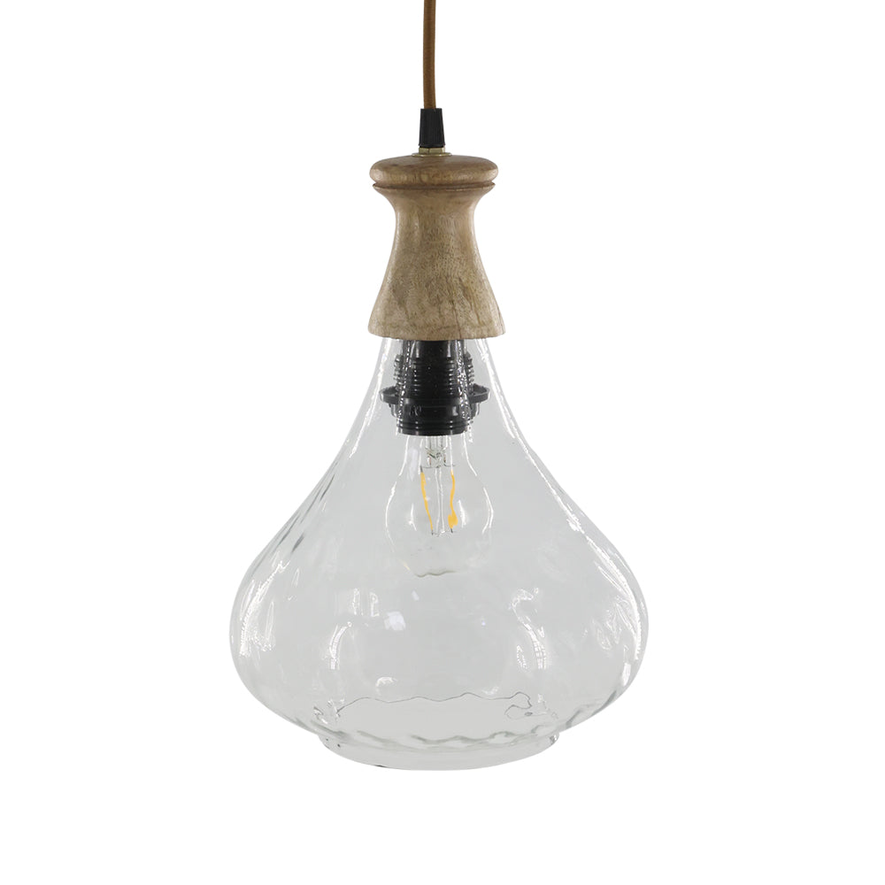 Old French üveg függeszték lámpa, átlátszó üvegbúrával és mangófa foglalattal, 21x31 cm.