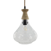 Old French üveg függeszték lámpa, átlátszó üvegbúrával és mangófa foglalattal, 21x31 cm.