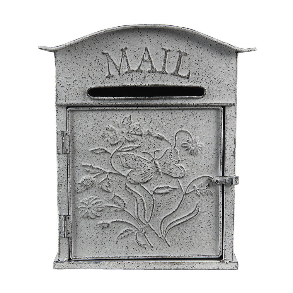 Antik szürke színű fém dekor postaláda pillangó mintával szemből – Old Post kollekció.