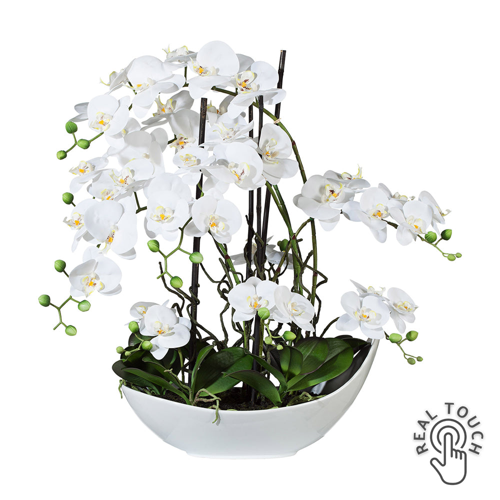 Fehér Real Touch mű orchidea kompozíció fehér kerámia tálban, 68 cm