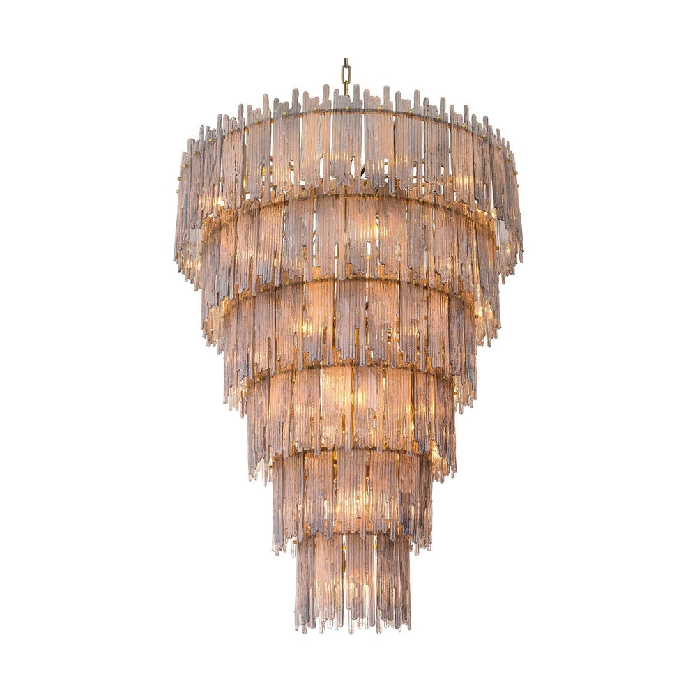 Füstüvegből és sárgaréz színű szálcsiszolt fémből készült, óriás kézműves dizájn csillár.