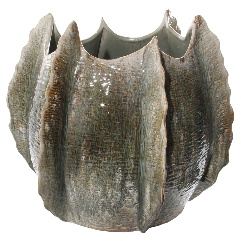 Modern, kortárs stílusú, barnászöld színárnyalatú, mázas kerámia váza..