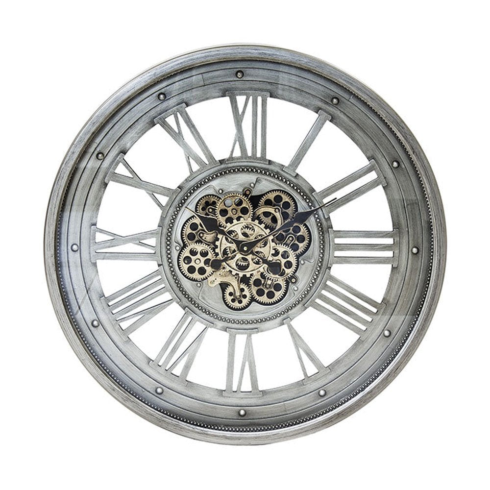 Fémből készült, antikolt felületű, ezüstszínű óriás falióra.