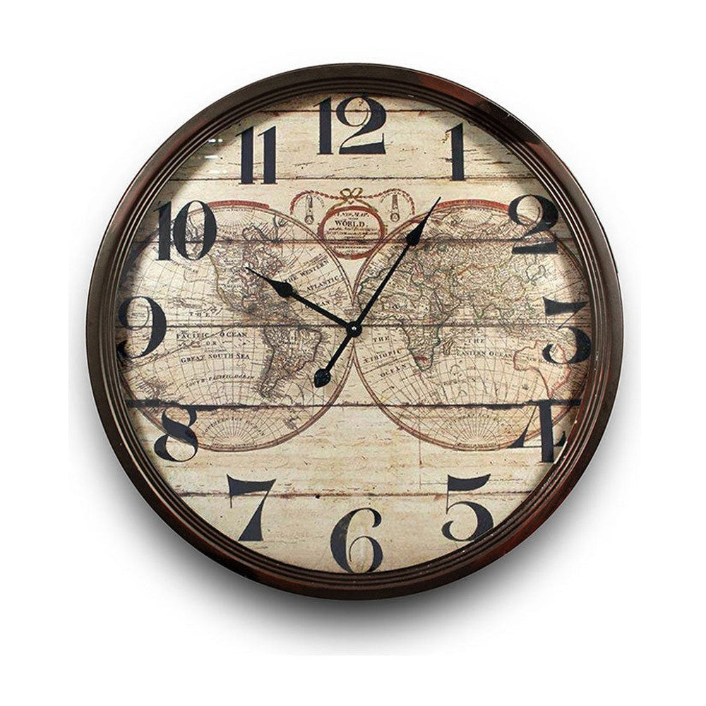 Vasabronccsal keretezett, vintage stílusú falióra világtérképes számlappal.