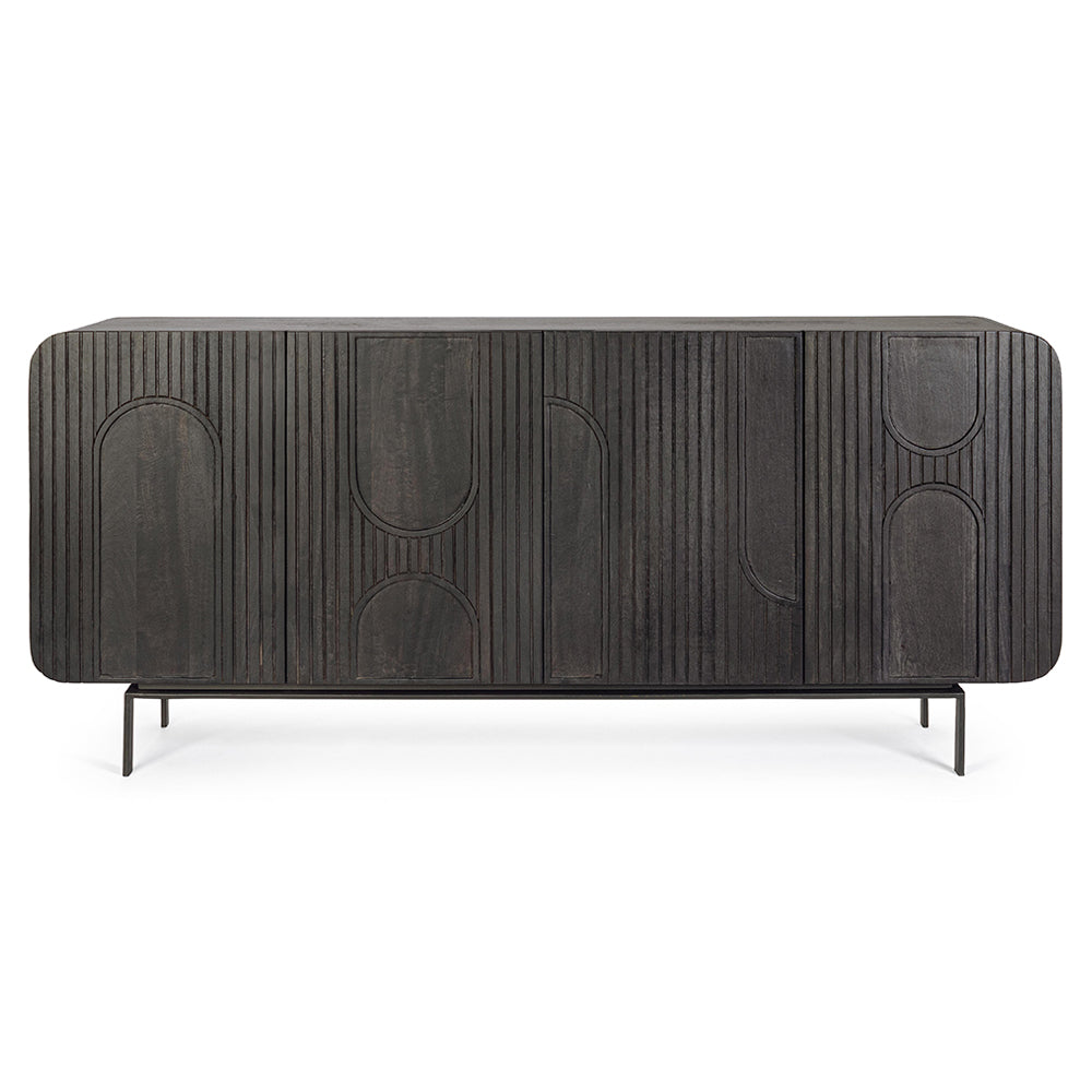 Mangófából készült, 4 ajtós, fekete színű desing tálalószekrény.