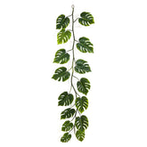 Philodendron zöld mű filodendron girland teljes hosszában, 15 szeldelt levéllel, vékony zöld szárral és felső akasztóhurokkal, 230 cm.