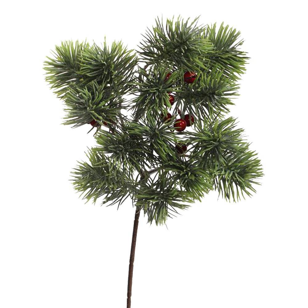 Élethű, zöld mű cukorsüvegfenyő ág piros bogyókkal, 40 cm-es méretben, ünnepi dekorációhoz.