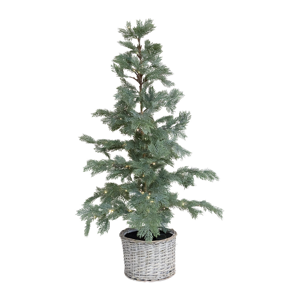 Chic Antique PINE 120 cm-es zöld LED-es műfenyő fonott kosárban, fehér háttér előtt