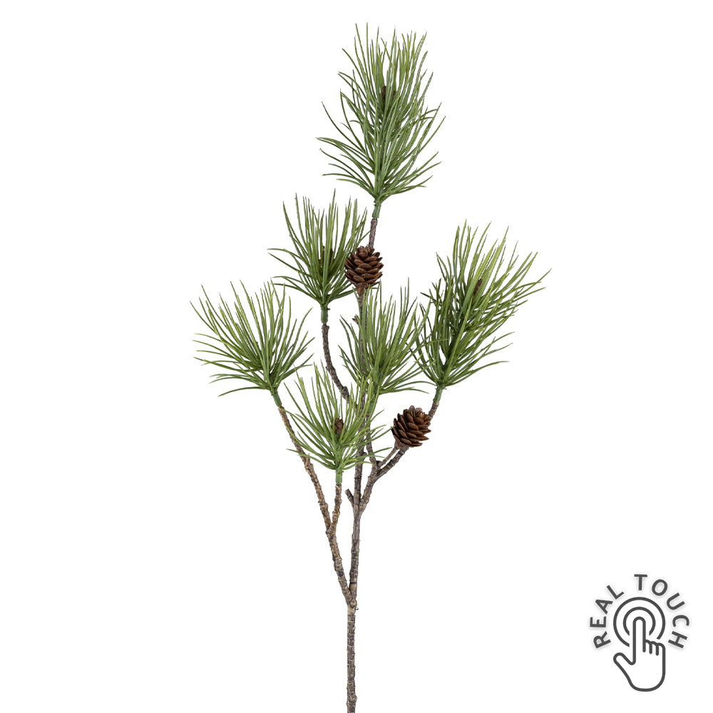 Tobozokkal díszített zöld színű, mű feketefenyő ág .