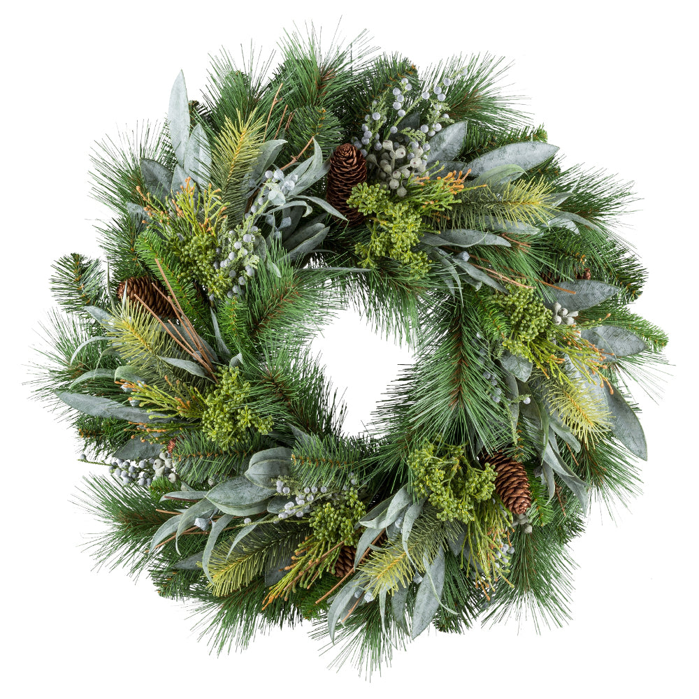 Zöld színű, mű fenyő mix koszorú.