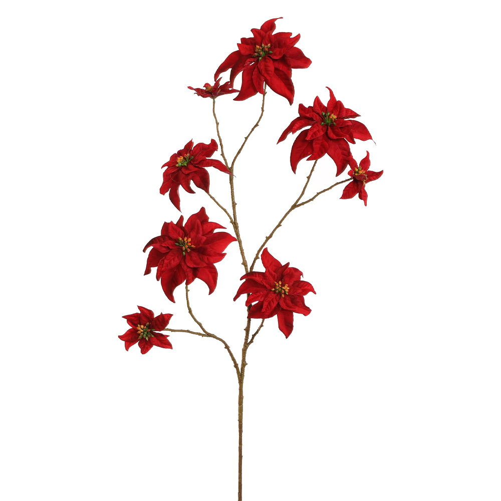 Bordó bársony mű mikulásvirág ág, 106 cm magas, gazdag virágokkal.