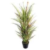 110 cm magas, élethű mű páfrány mix díszfűvel, fekete műanyag kaspóban.”