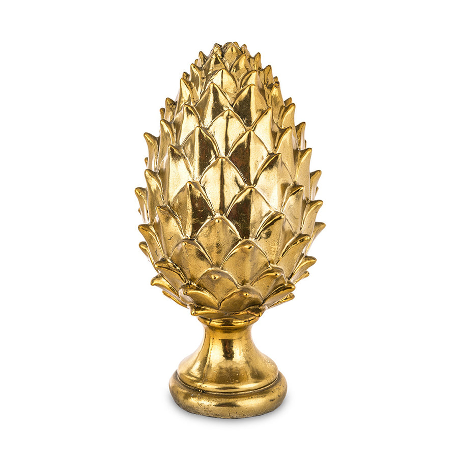 Pomme de Pine aranyszínű dekoratív toboz dísz 30 cm magas, glamour stílusban, teljes elölnézeti fotó.