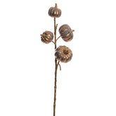 Kékarany színű mű dísztök ág, négy különböző méretű tökkel, 63 cm magas dekorációs műnövény.