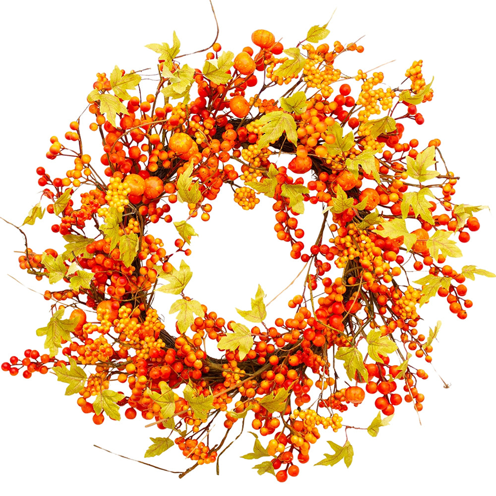 Nagyméretű, 60 cm átmérőjű mű őszi koszorú berkenyével, mini dísztökkel és falevelekkel.