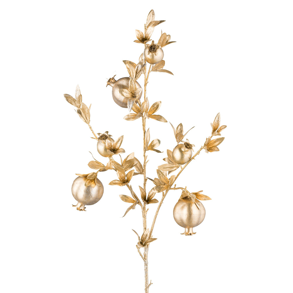 Aranyszínű mű gránátalma ág hat darab díszített gyümölccsel és levelekkel.