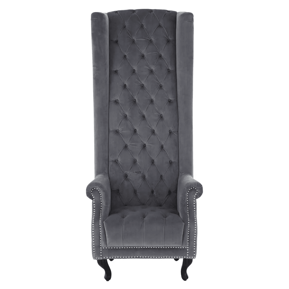 Szürke színű bársonnyal kárpitozott,trónszerű statement fotel.