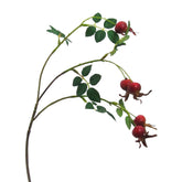 Rosa Canina narancsbordó mű csipkebogyó ág 47 cm magas, élethű termésekkel és zöld levelekkel, Berry kollekció