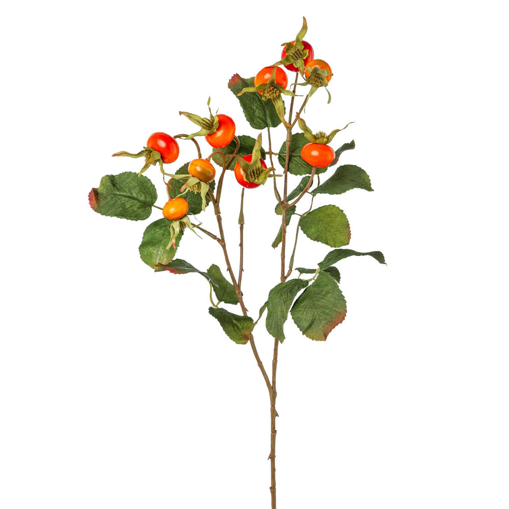 Rosa Canina narancssárga mű csipkebogyó ág 58 cm magas, élethű termésekkel és hervadó levelekkel, Berry kollekció