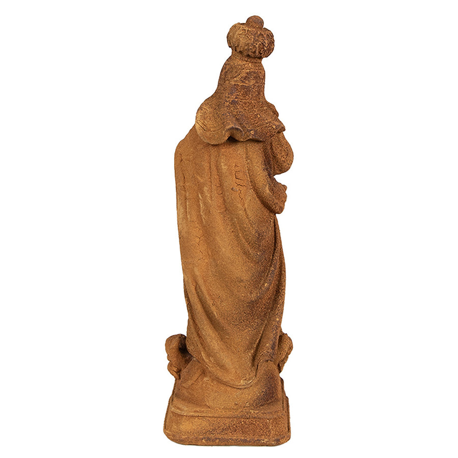 Rozsdabarna színű, antikolt felületű Madonna figura.
