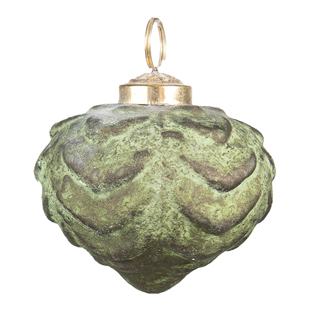 Hagyma formájú, antikolt felületű, patinás zöld színű, vintage megjelenésű üveg karácsonyfadísz.