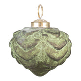 Hagyma formájú, antikolt felületű, patinás zöld színű, vintage megjelenésű üveg karácsonyfadísz.