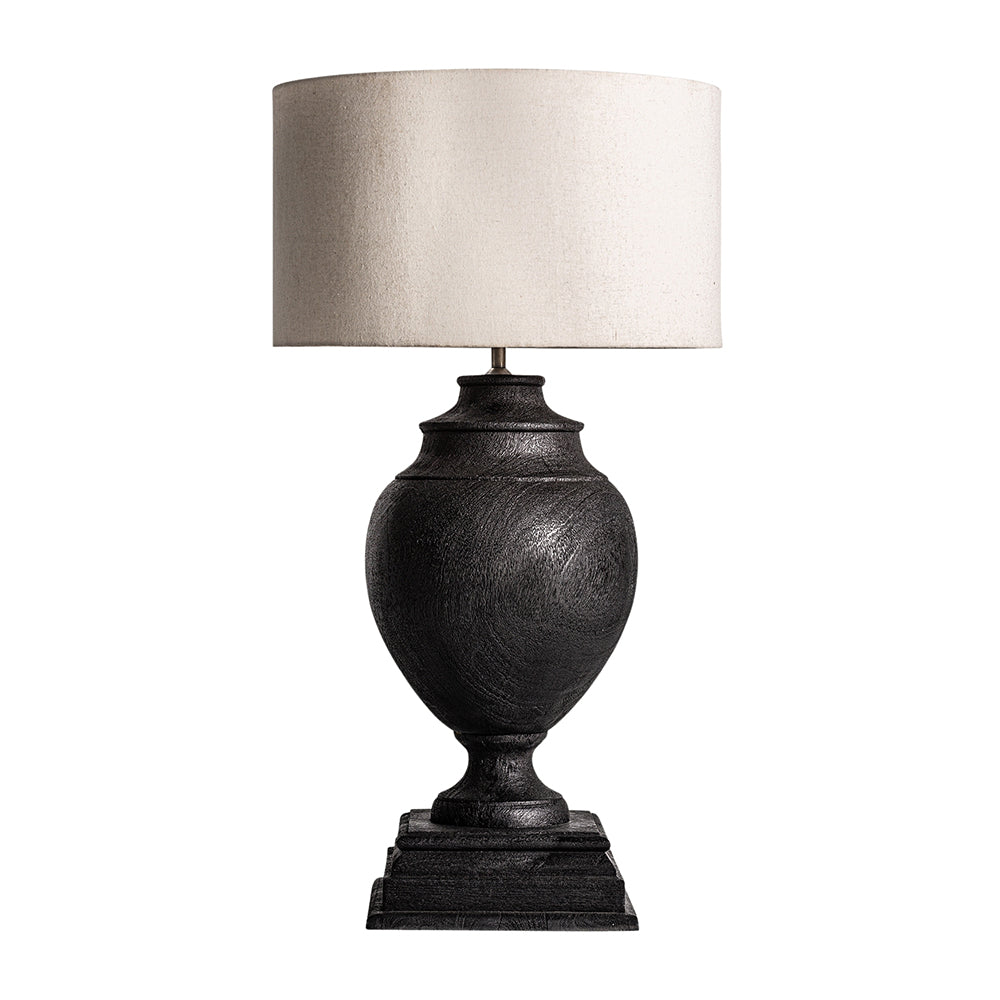 Koloniál stílusú, mangófából faragott, fekete, nagy méretű asztali lámpa.