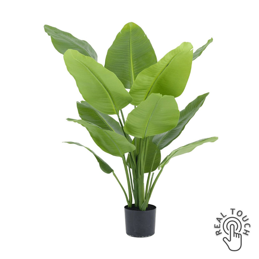STRELITZIA zöld mű strelitzia 120 cm fekete műanyag cserépben, Real Touch hatású levelekkel