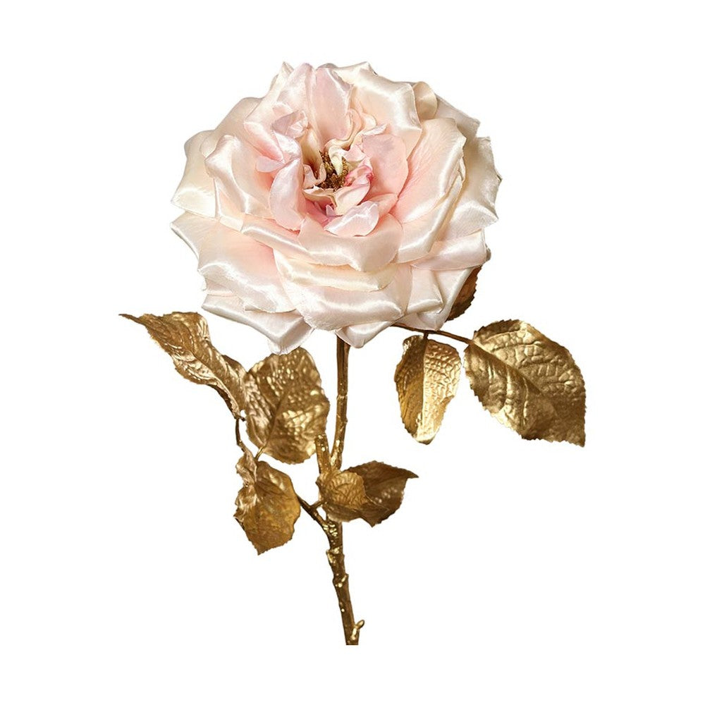 Fényes aranyszínű szárú és levelű, halvány rózsaszín színárnyalatú szatén rózsa művirág .