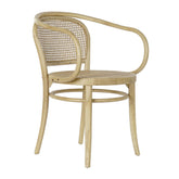 Thonet ihletésű, natúr színű, lakkozott felületű szilfából készült, mediterrán stílusú, formatervezett, karfás kialakítású étkezőszék.
